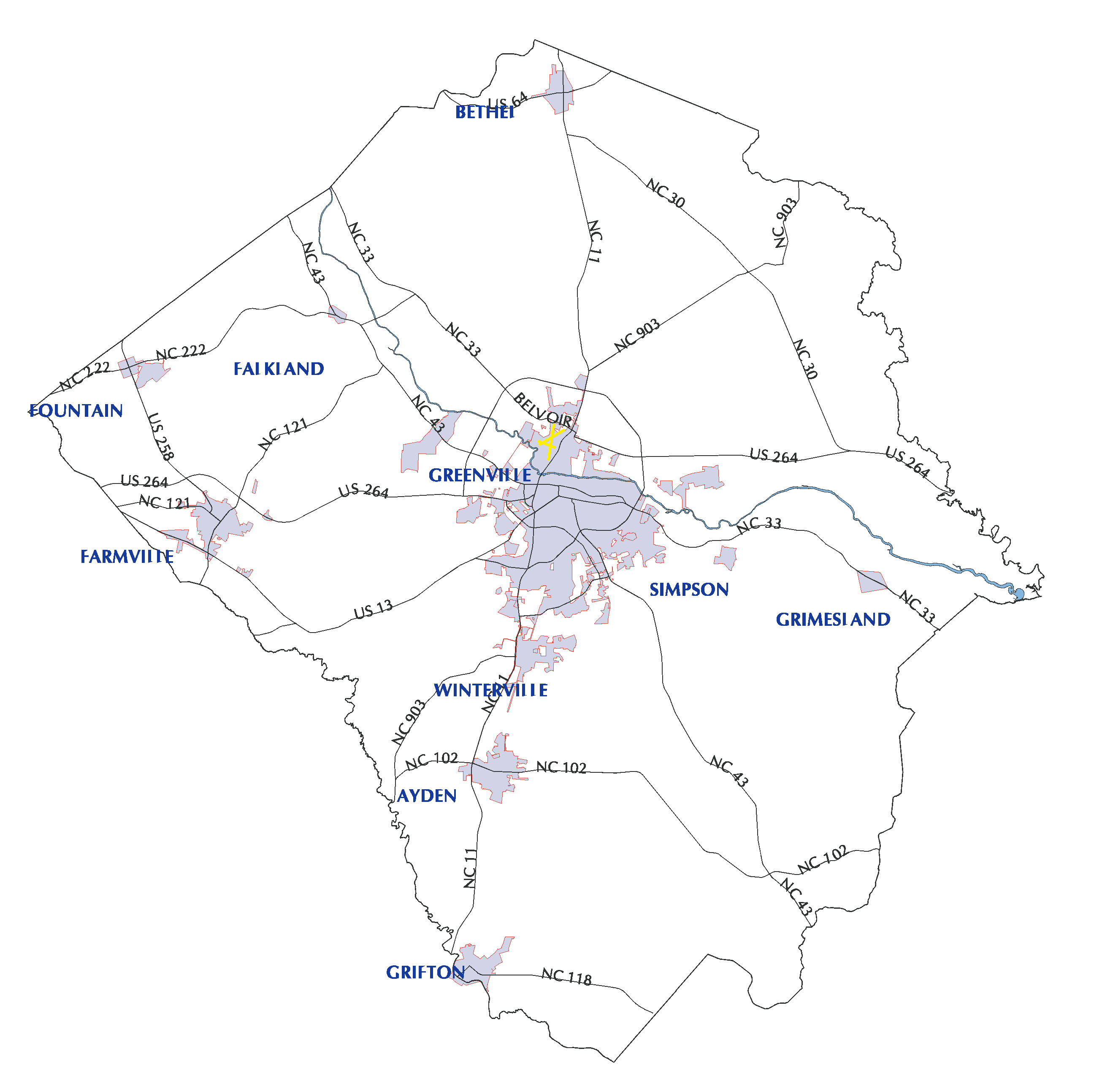 Map of Pitt County, North Carolina, highlighting major towns and municipalities