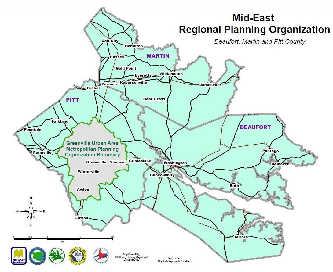 Map of the Mid-East Rural Planning Organization service area showing Pitt, Beaufort, and Martin Counties.