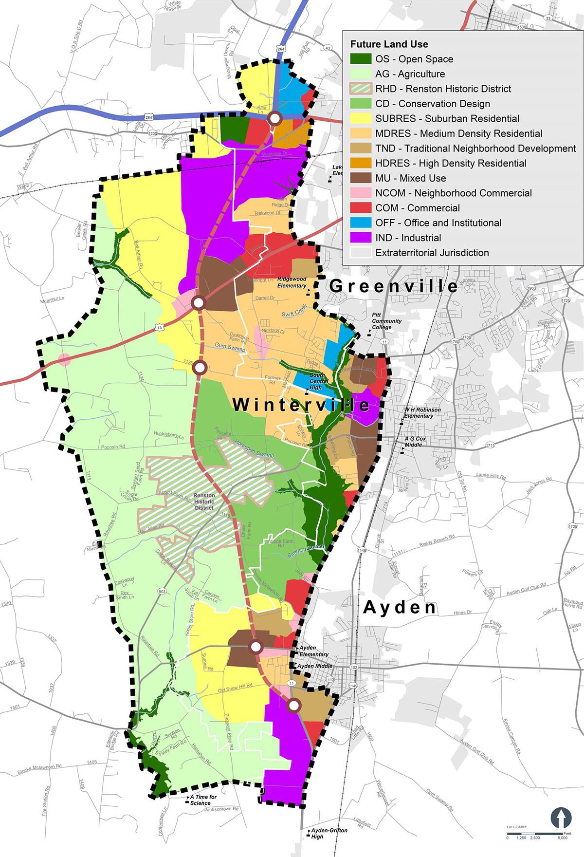 This map shows the future land use plan for the Winterville–Greenville–Ayden area