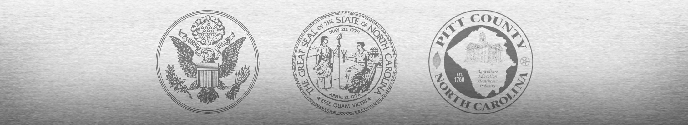 US, NC, and Pitt County Seals